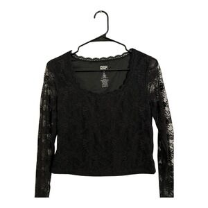 Madden NYC Black Floral Lace Scoop Neck Long Sleeve Crop Top Women's Size M